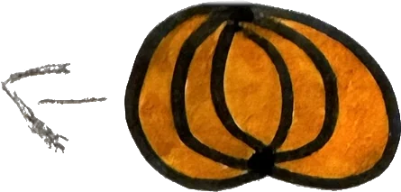 Une citrouille au feutre orange, avec une flèche vers la gauche